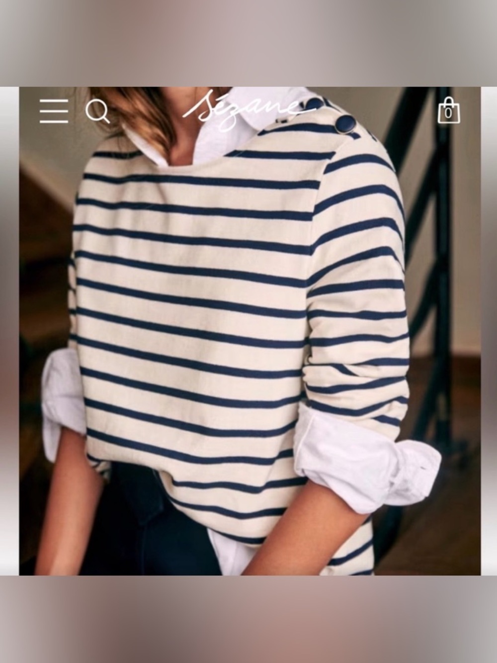 Sezane Cream and Navy Striped Long Sleeve Tee